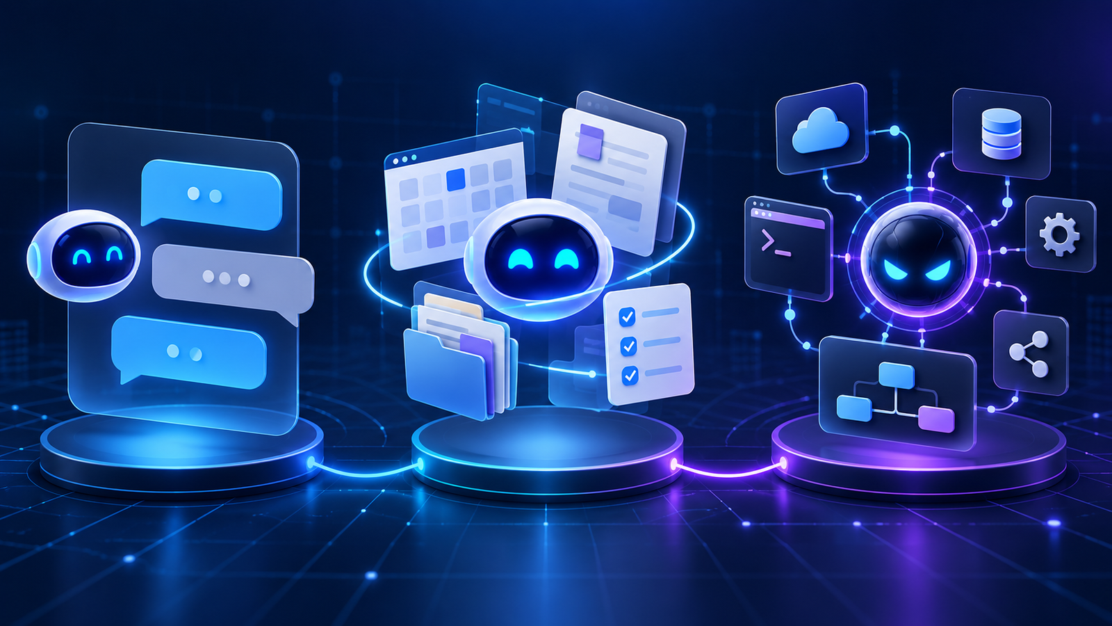 AI agents, AI assistants, and chatbots shown as distinct connected capabilities