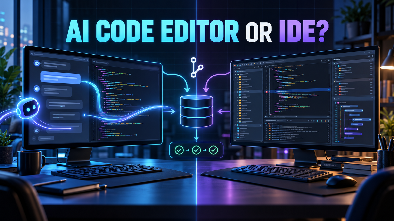 Split developer workspace comparing an AI-native code editor with a traditional IDE