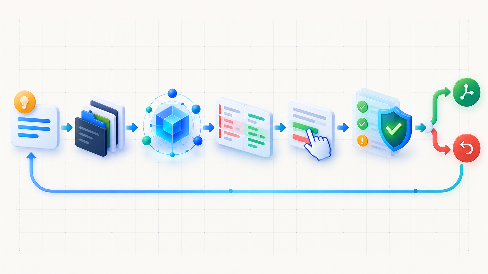 Visual workflow showing developer intent, repository context, AI generation, code review, automated checks, merge and rollback