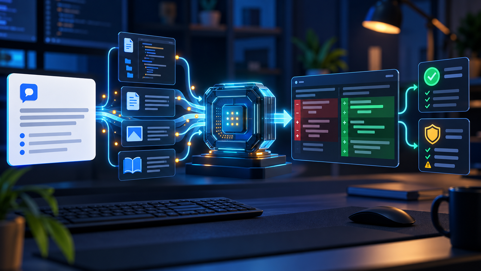 AI code generator transforming project context into a reviewed code diff