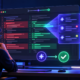 Developer reviewing an AI-assisted pull request with code diffs, automated findings and a human approval gate