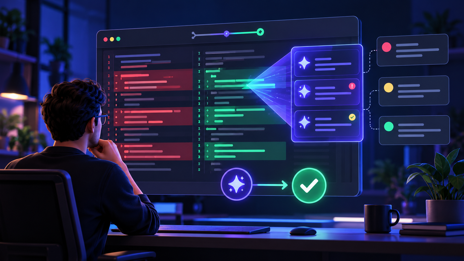 Developer reviewing an AI-assisted pull request with code diffs, automated findings and a human approval gate