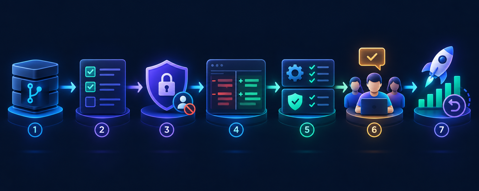 Seven-stage AI coding tool evaluation from representative repository and task set through restricted permissions, verified diff, tests, human review and reversible rollout