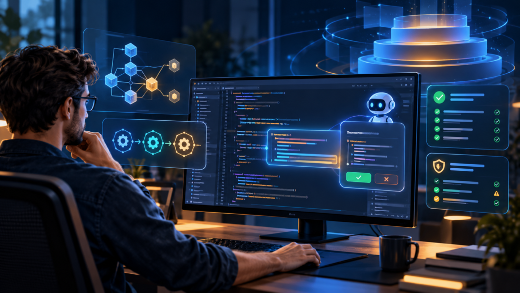 Java developer reviewing an AI-assisted code change with build, test and security checks