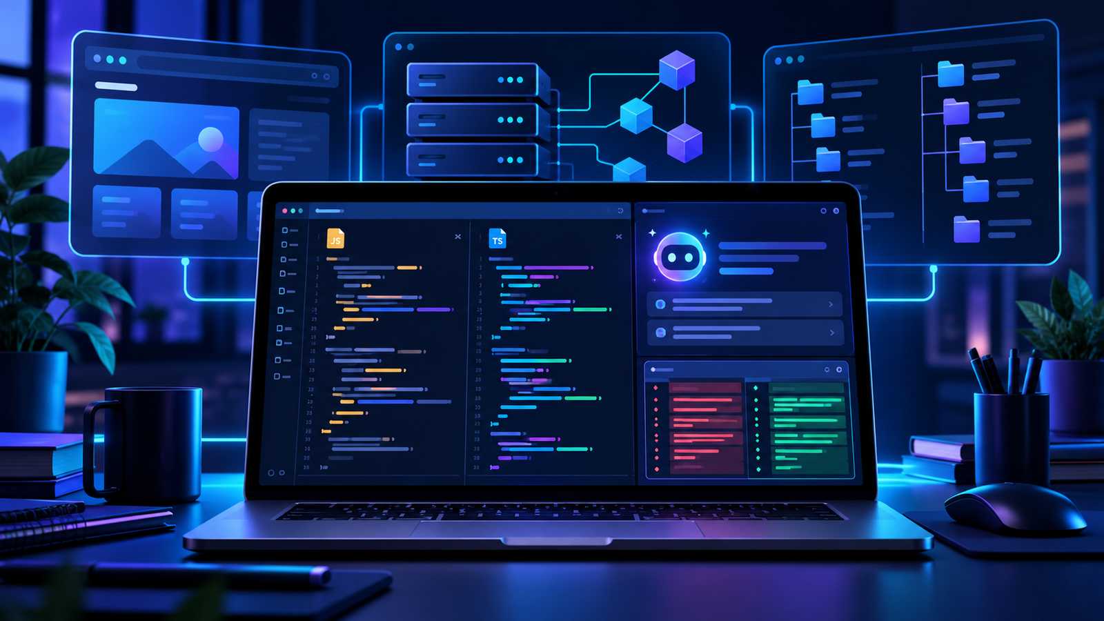 Developer workspace showing JavaScript and TypeScript code, repository context and an AI-assisted diff