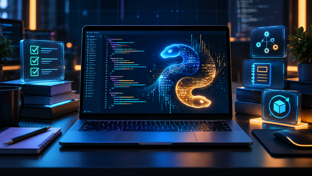 Laptop displaying Python development with visual cues for tests, dependencies and code review