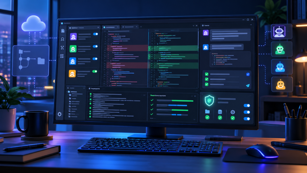 Modern VS Code-style workspace comparing several AI coding assistants with code diff, tests and security controls