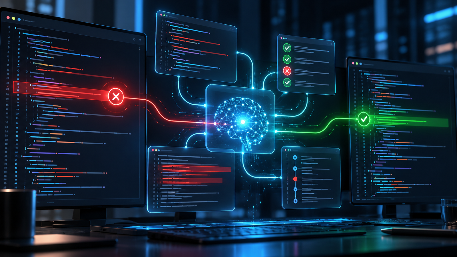 AI debugging workspace tracing a software error through code, tests and analysis to a verified fix