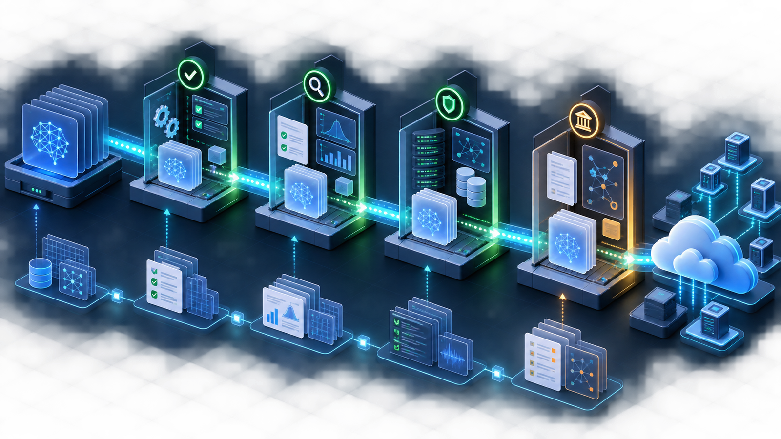 Layered AI governance workflow showing a model release moving through internal controls, independent audit, incident evidence and a federal coordination review