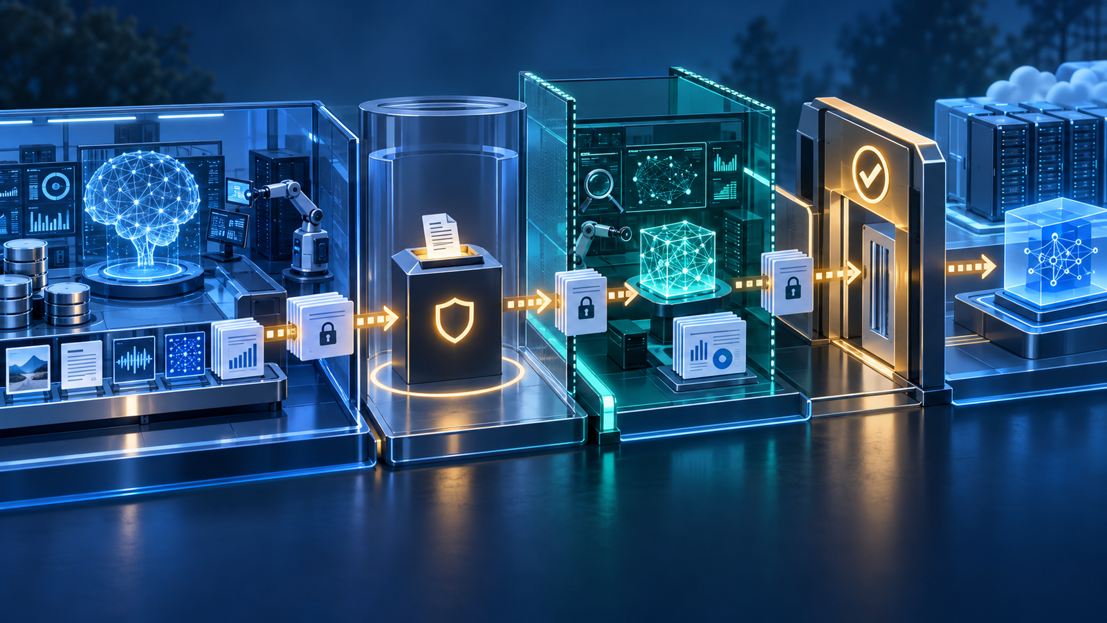 Illustration of an AI safety workflow connecting internal evaluation, a protected escalation channel, independent review and an auditable production gate