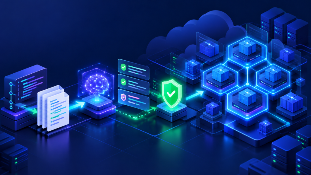 AI-assisted manifest workflow moving through validation and approval into a controlled Kubernetes cluster