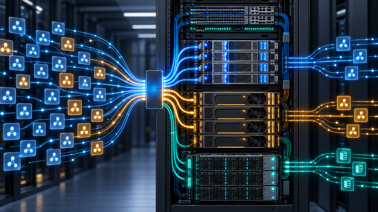 Wordless rack architecture showing AI agent tasks routed to CPU execution, GPU inference, networking and storage sections