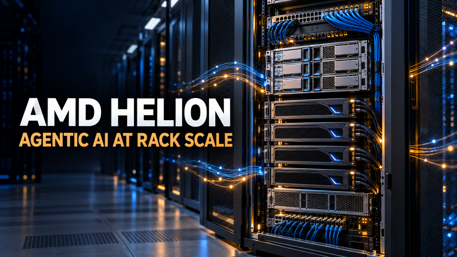 Editorial data-center rack illustrating AMD Helion agentic AI infrastructure