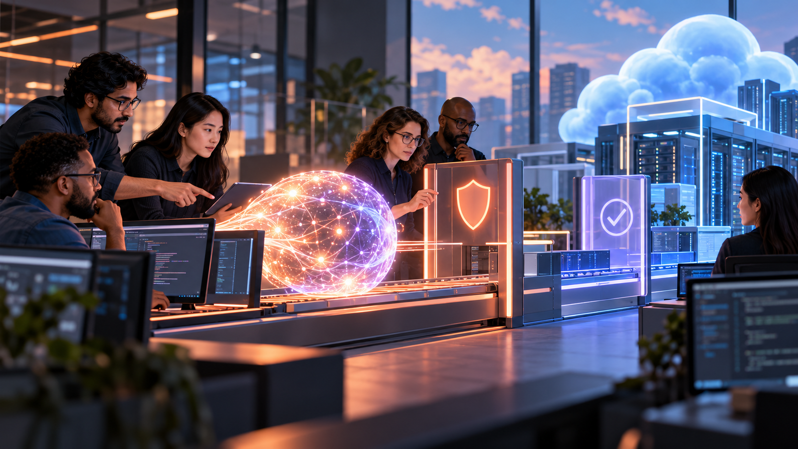 Enterprise AI deployment engineers guide a Claude-based system through security gates into a governed production cloud