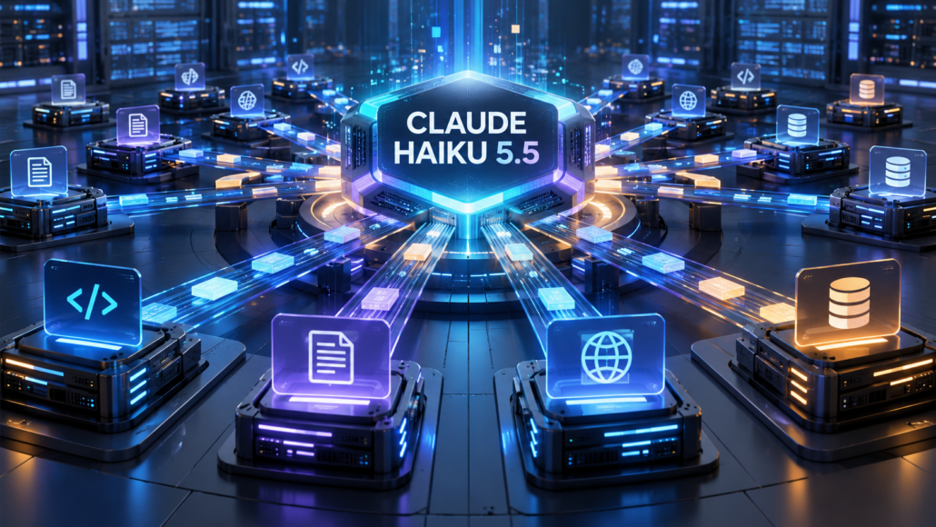 Editorial illustration of Claude Haiku 5.5 coordinating high-volume AI agent tasks across a cloud operations environment