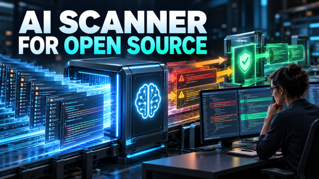 AI scanner reviewing open-source code before human validation and secure patching