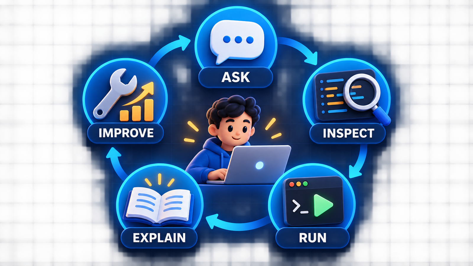Five-step beginner AI coding learning loop: ask, inspect, run, explain and improve