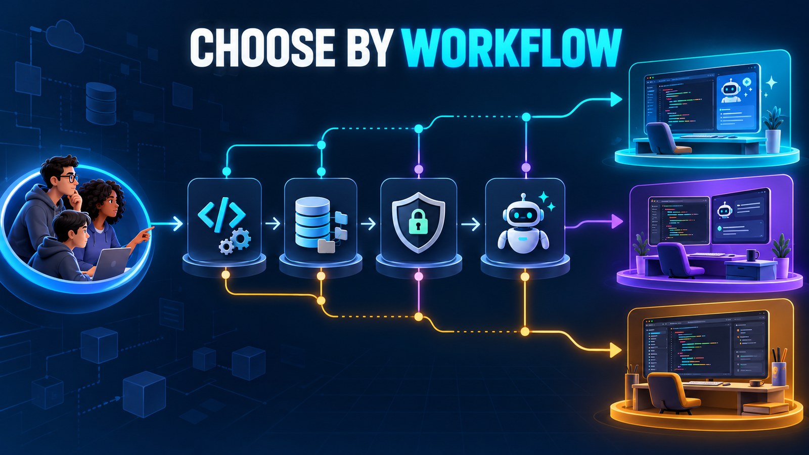 Decision workflow comparing language tooling, repository complexity, governance and desired AI autonomy before choosing an AI editor, traditional IDE or hybrid setup