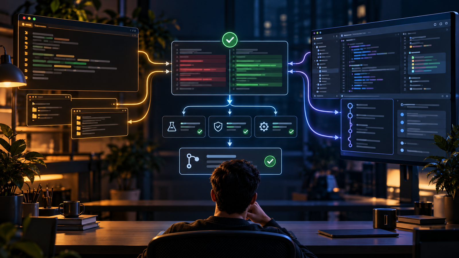 Developer comparing a terminal-first AI coding agent with a GitHub and multi-IDE coding workflow around a verified code diff