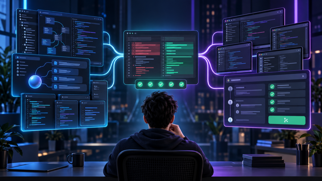 Developer comparing an AI-native code editor workflow with a multi-IDE GitHub coding assistant workflow around a verified code diff