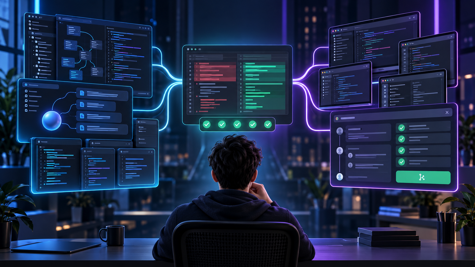 Developer comparing an AI-native code editor workflow with a multi-IDE GitHub coding assistant workflow around a verified code diff