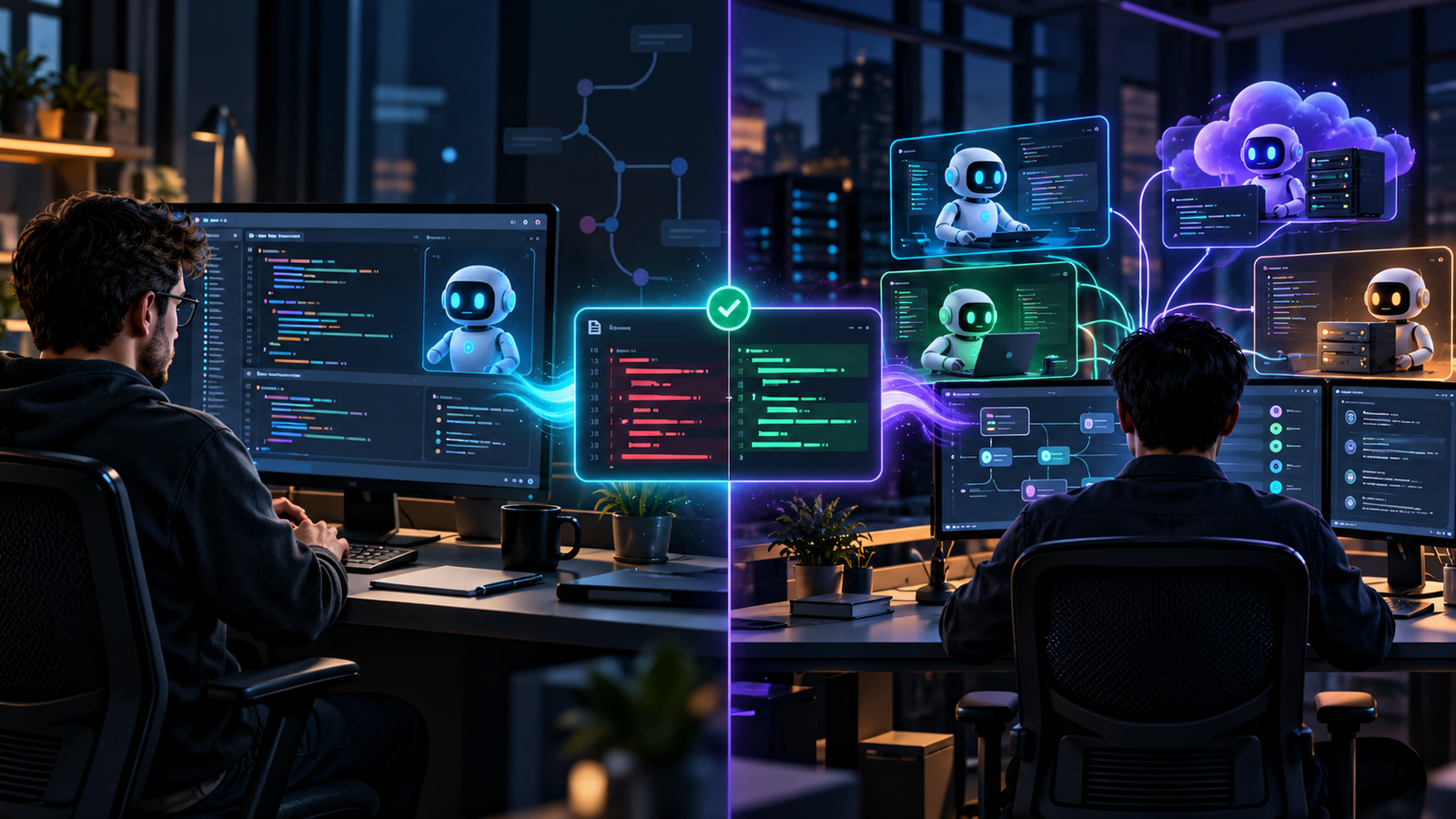Developer comparing a focused AI code editor with a multi-agent coding command center around a verified code diff