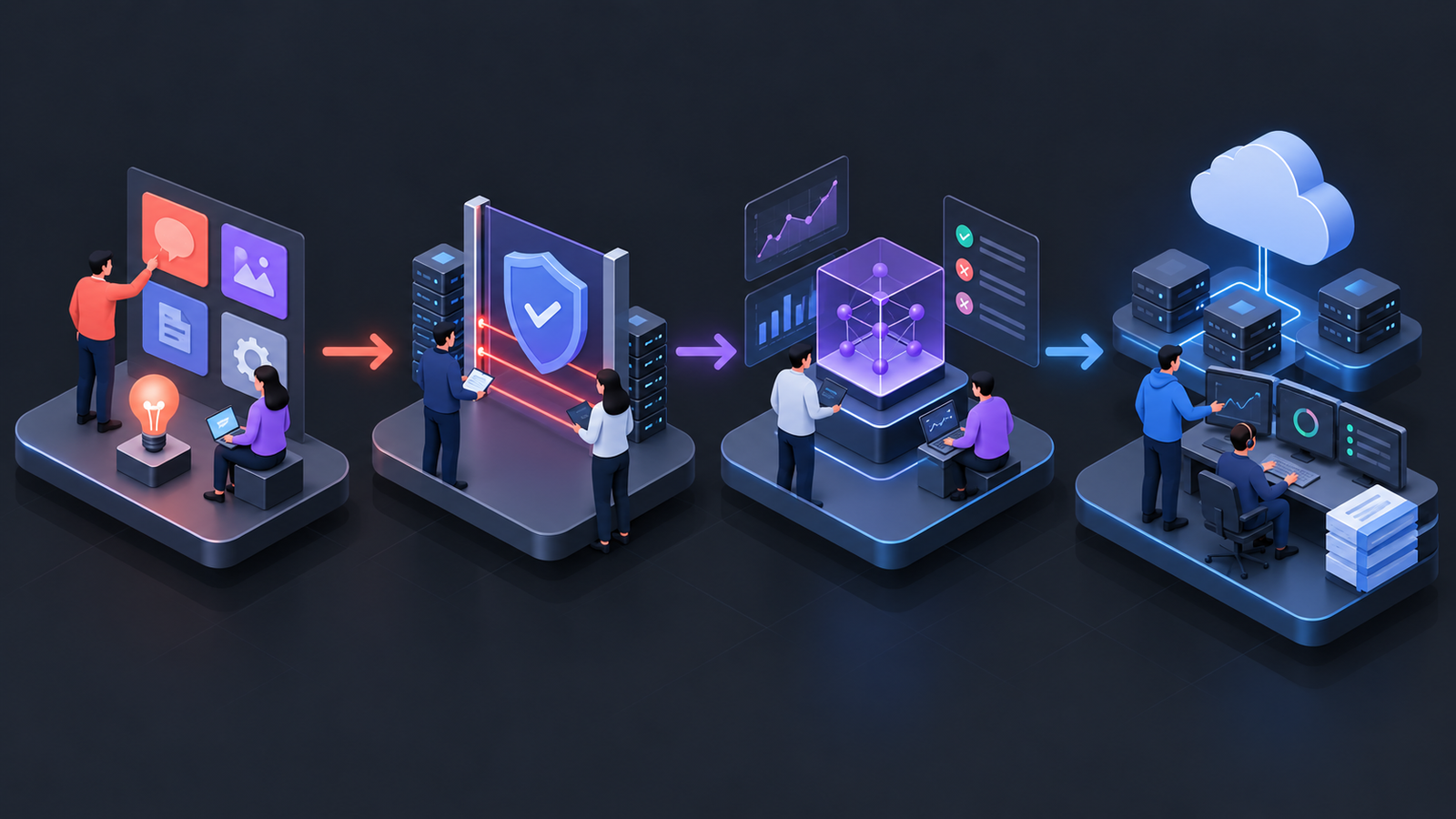 Illustration of an enterprise AI deployment moving through use-case selection, security review, production controls and operational handover