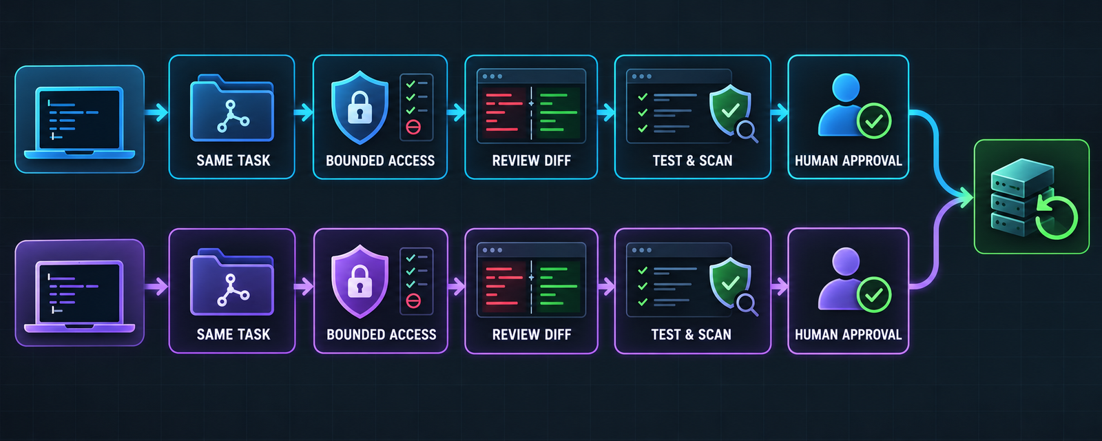 Equal-task AI coding editor pilot with two parallel lanes moving through bounded access, diff review, tests, security scans and human approval
