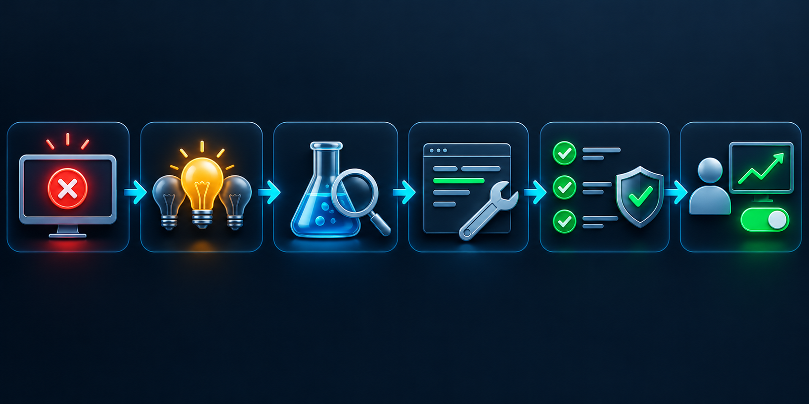 Evidence-first AI debugging workflow from reproducible symptom through hypothesis, narrow patch, tests, review and monitored rollout