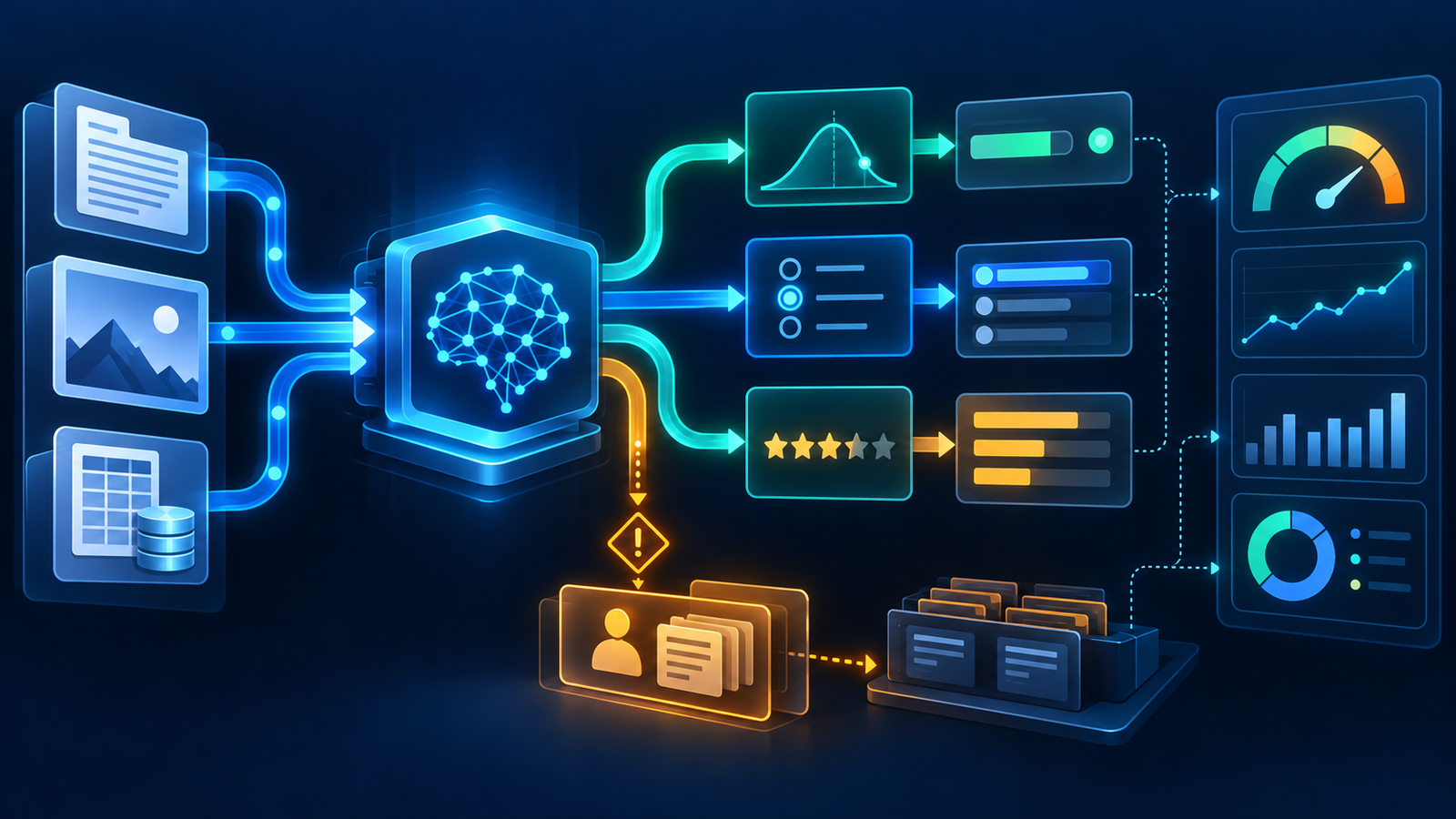 Text, image and structured inputs entering a bounded AI decision router, with low-confidence work diverted for human review and outcomes monitored