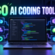 Developer laptop surrounded by free AI coding tool tiles and a zero-cost symbol