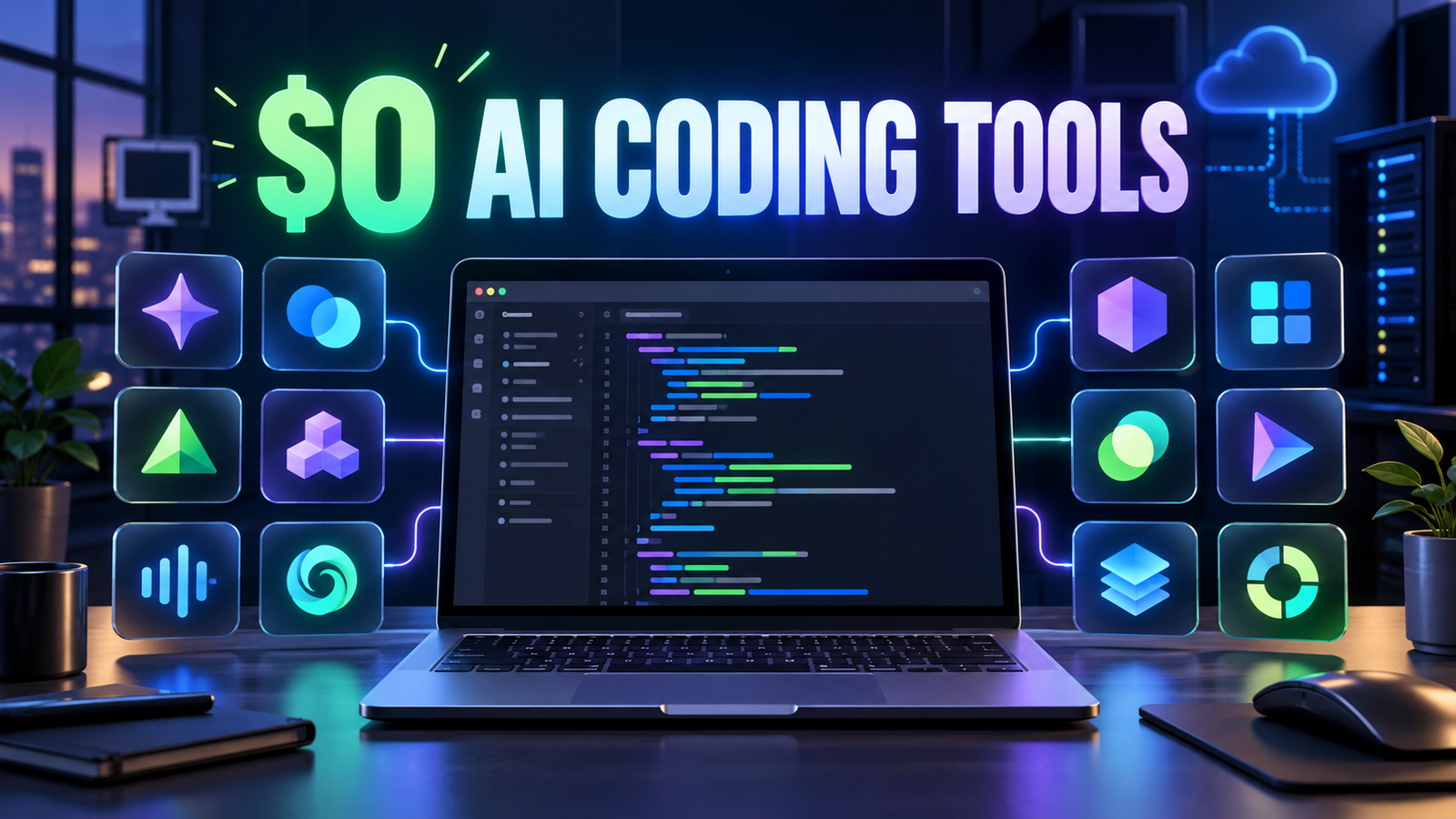 Developer laptop surrounded by free AI coding tool tiles and a zero-cost symbol