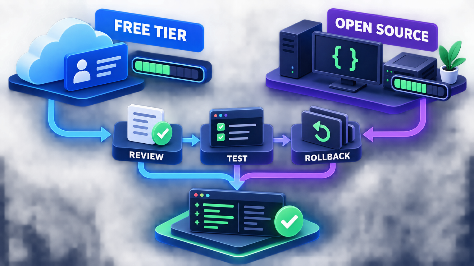 Hosted free tiers and open-source AI coding tools flowing through review, testing and rollback gates