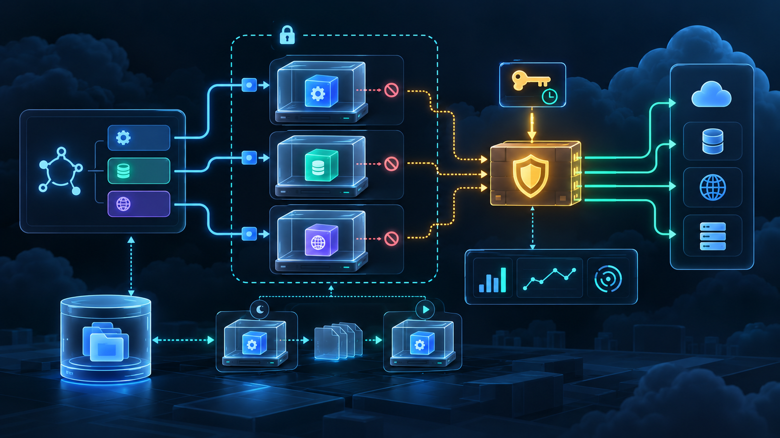 Architecture showing a trusted agent harness sending work into isolated microVM sandboxes, with checkpointed storage, an external credential gateway and observability.
