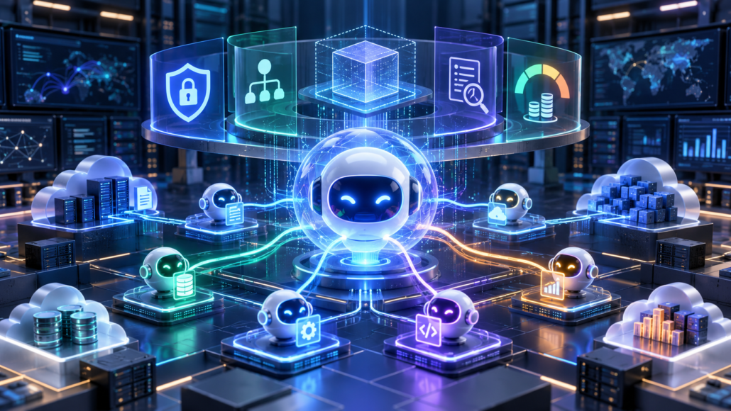 Abstract editorial illustration of a governed enterprise AI agent connecting cloud work systems through security and cost-control layers
