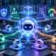 Abstract editorial illustration of a governed enterprise AI agent connecting cloud work systems through security and cost-control layers