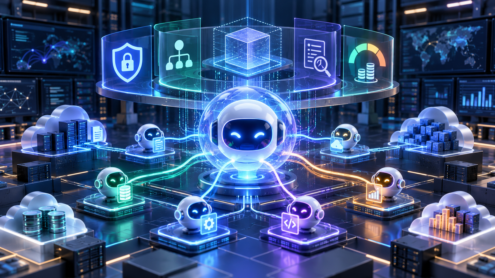 Abstract editorial illustration of a governed enterprise AI agent connecting cloud work systems through security and cost-control layers