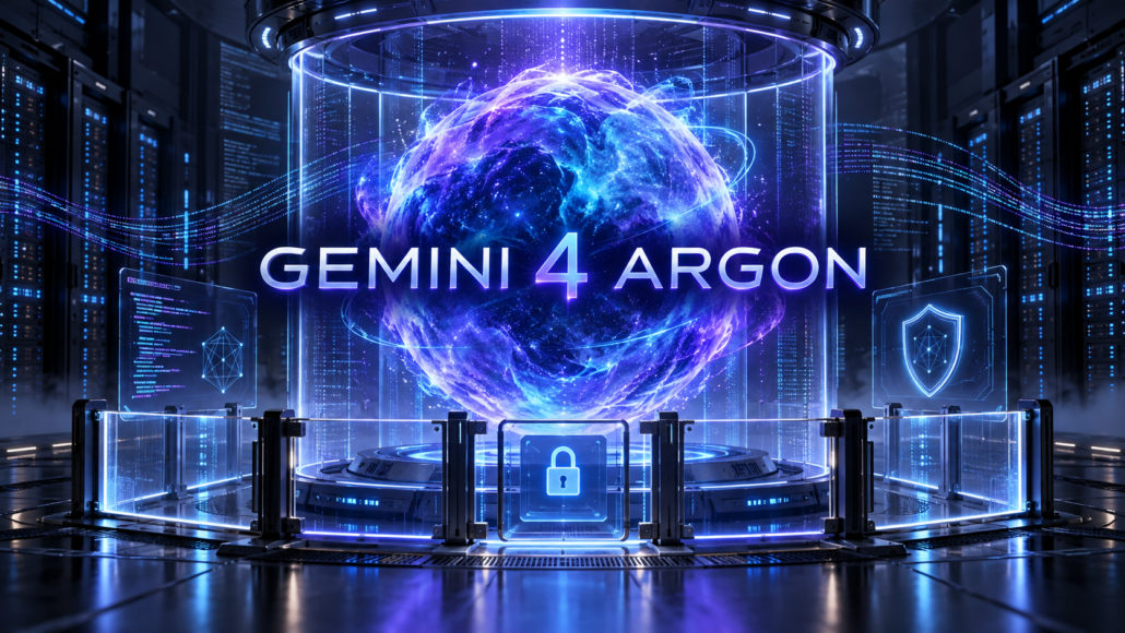 Abstract editorial visualization of Gemini 4 Argon powering long-running coding and cybersecurity workflows behind a controlled access boundary