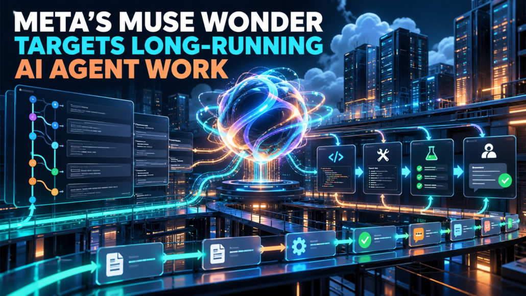 Editorial illustration of Meta Muse Wonder coordinating long-running AI coding and agent work across a secure cloud platform