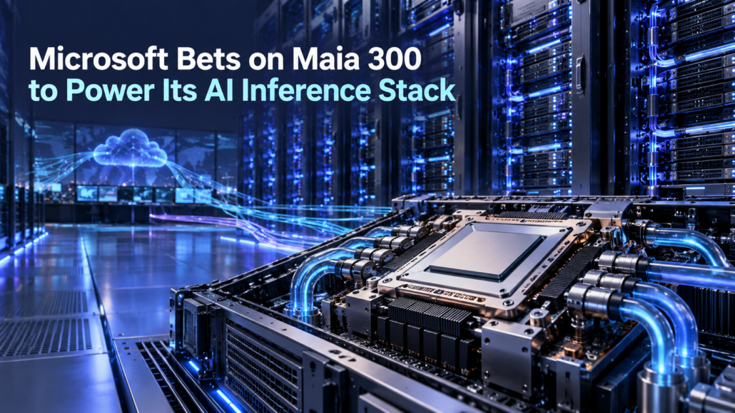 Microsoft Maia 300 inference racks powering cloud AI services with the article headline displayed