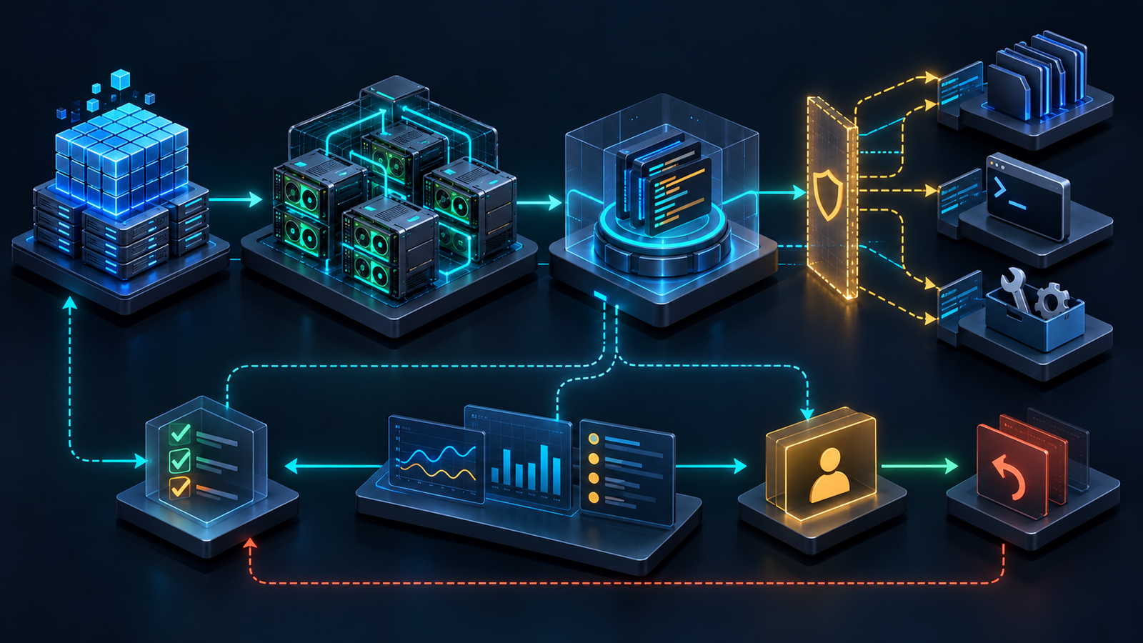 Open-weight coding agent deployment showing model weights, a distributed GPU serving layer, tool permissions, evaluation gates and observability