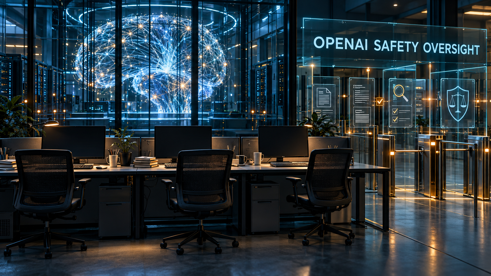 Editorial illustration of three empty AI research workstations beside a secured independent oversight checkpoint