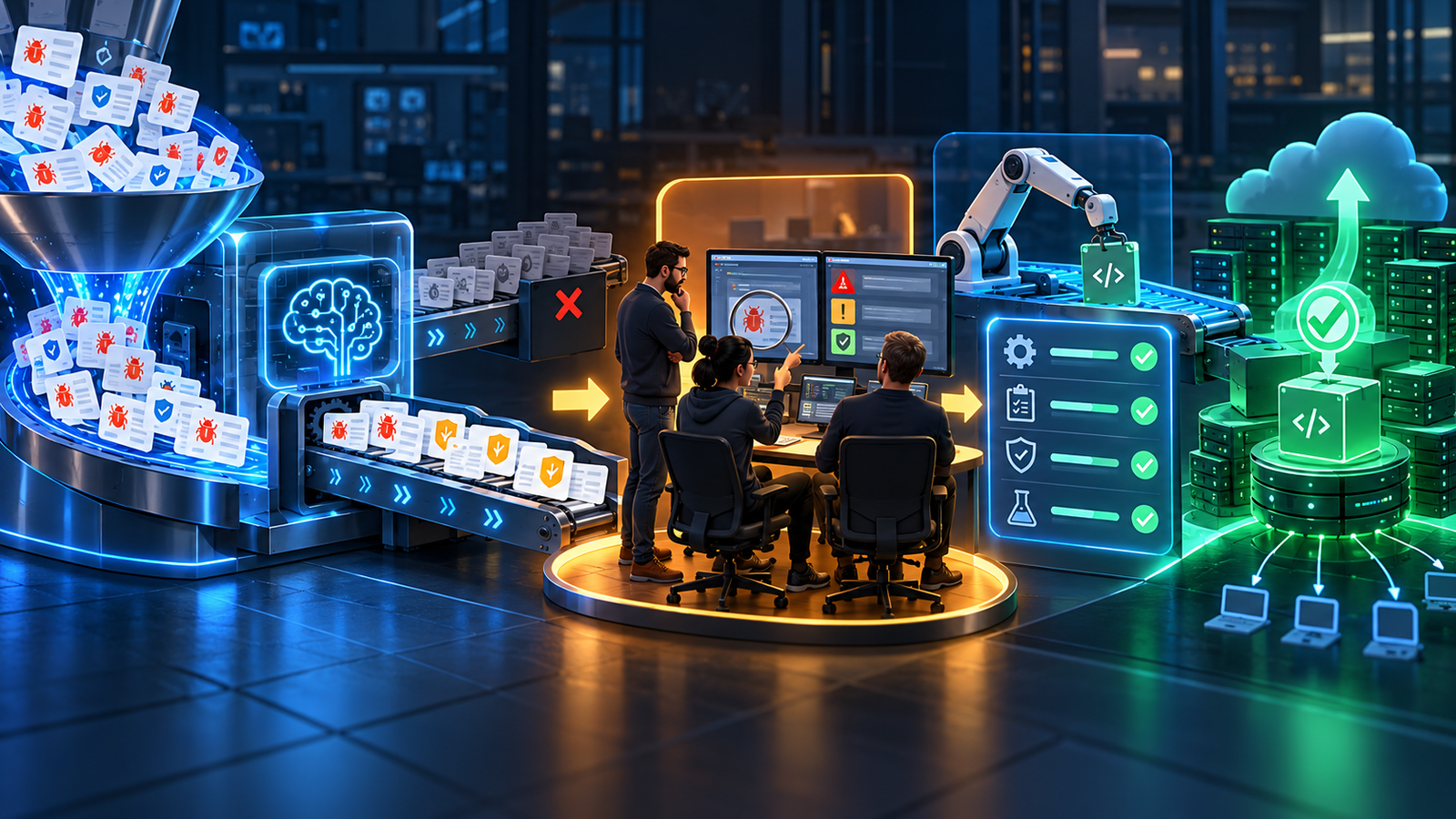 AI vulnerability findings flowing through human validation, patch testing and a controlled release pipeline