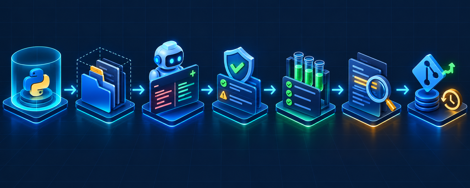 Python AI coding workflow from isolated environment and scoped context through generated diff, checks, tests, human review and rollback