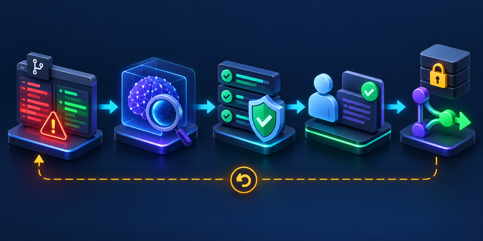 Safe AI code review workflow from untrusted pull request through AI analysis, automated checks, human approval and a controlled merge with rollback
