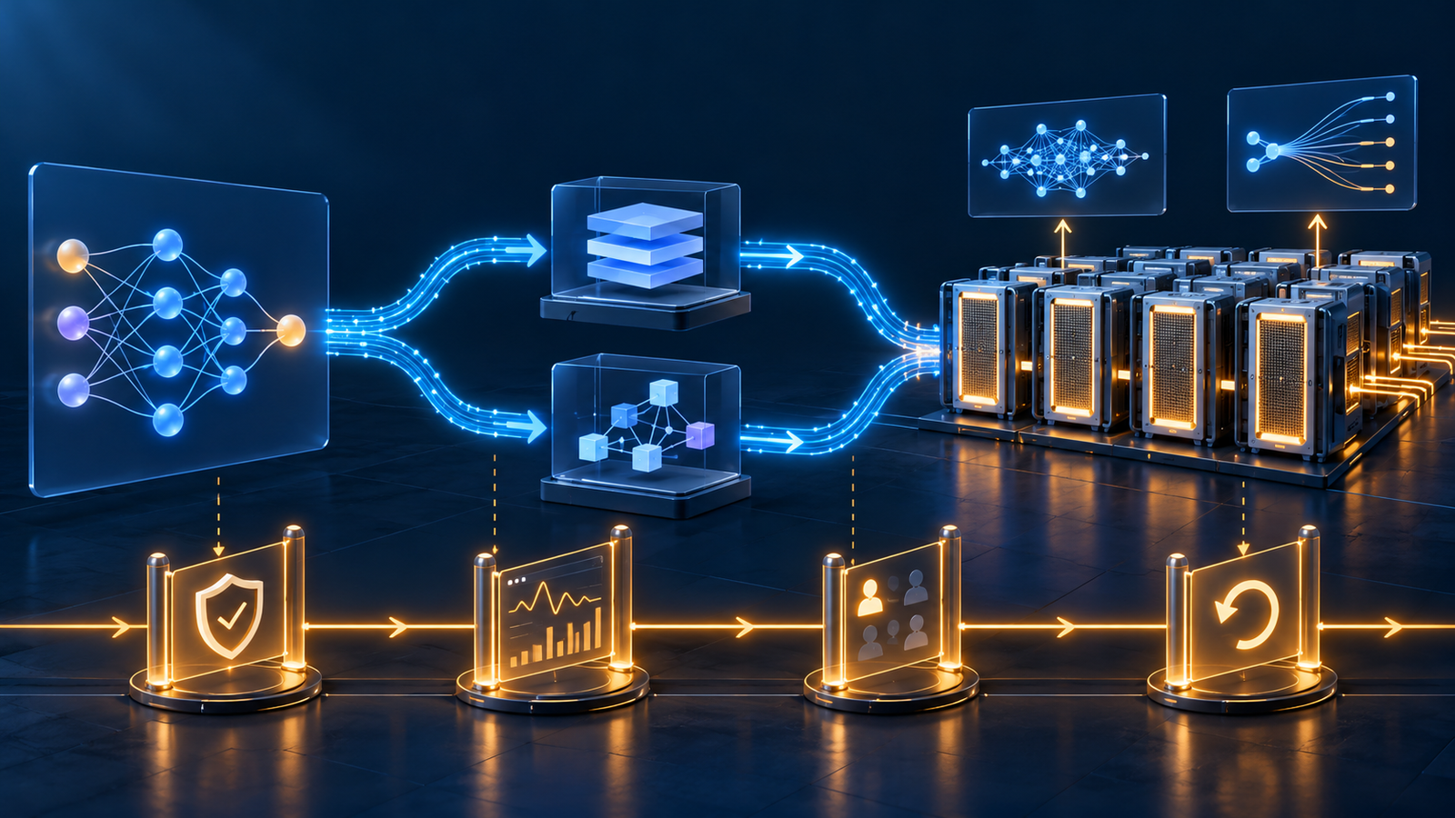 Diagram showing a PyTorch model moving through eager execution or torch.compile into distributed AWS Trainium training and inference, with validation and observability gates