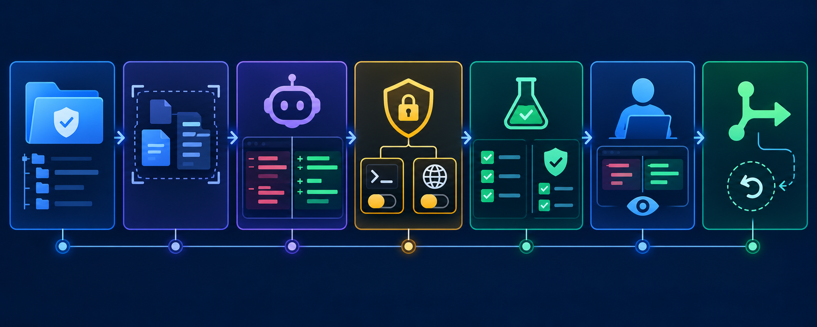 Safe VS Code AI coding workflow from trusted workspace and scoped context through proposed diff, permission gate, tests, human review, merge and rollback