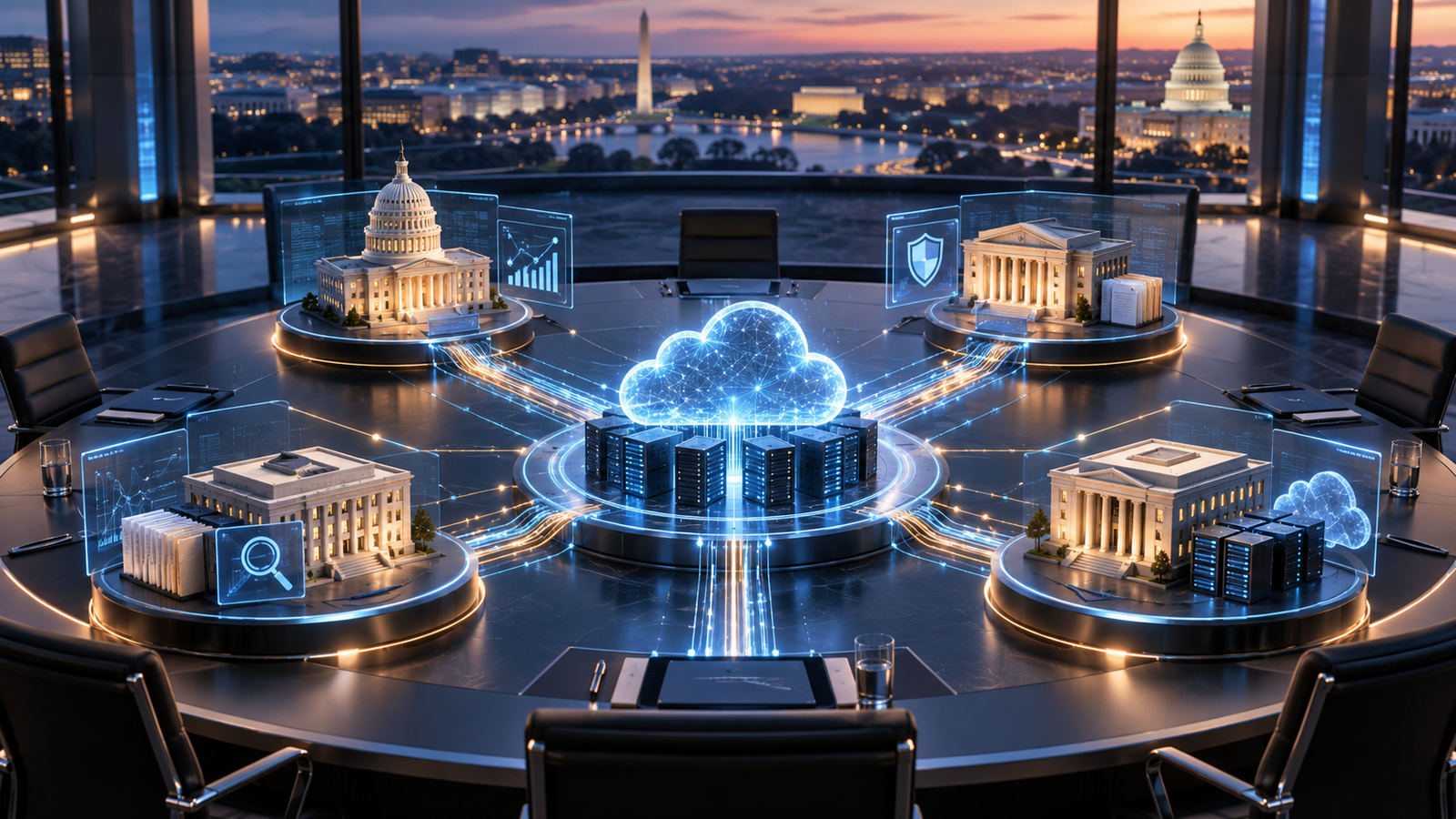 Editorial image of a federal AI coordination hub connecting government oversight with cloud infrastructure and model operations
